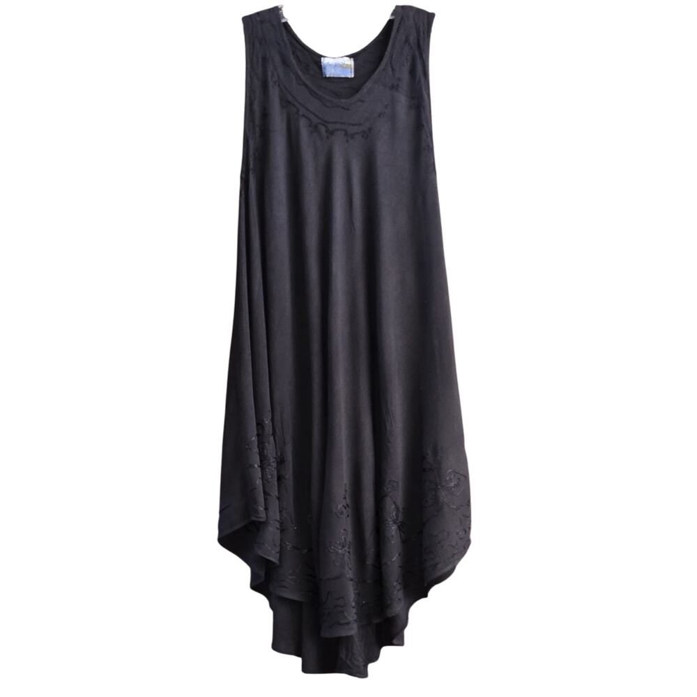 Embroidered Beach Sun Dress Black Rayon Uneven Hem Size L Groovy Bay